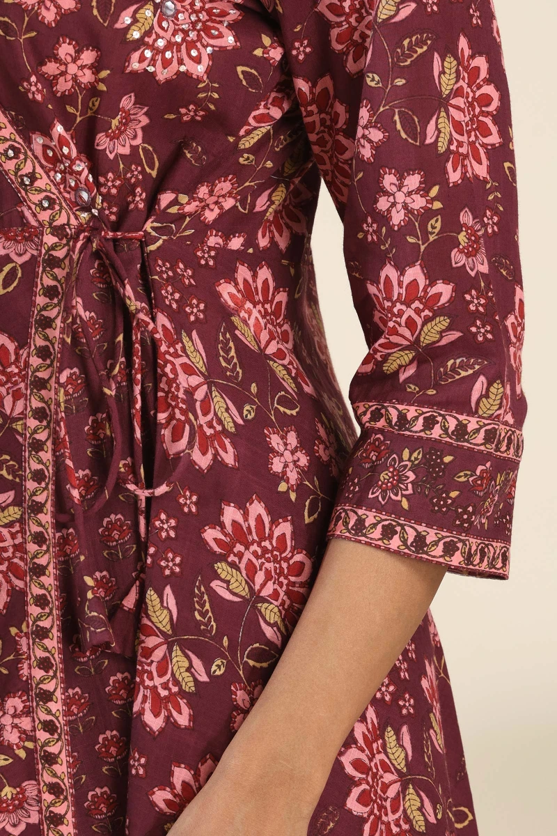 Purple Hand Printed Angrakha Cotton Slub Kurta