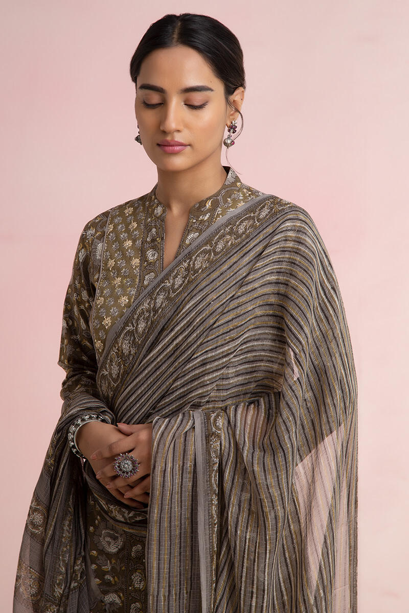 Grey Block Printed Kota Dupatta
