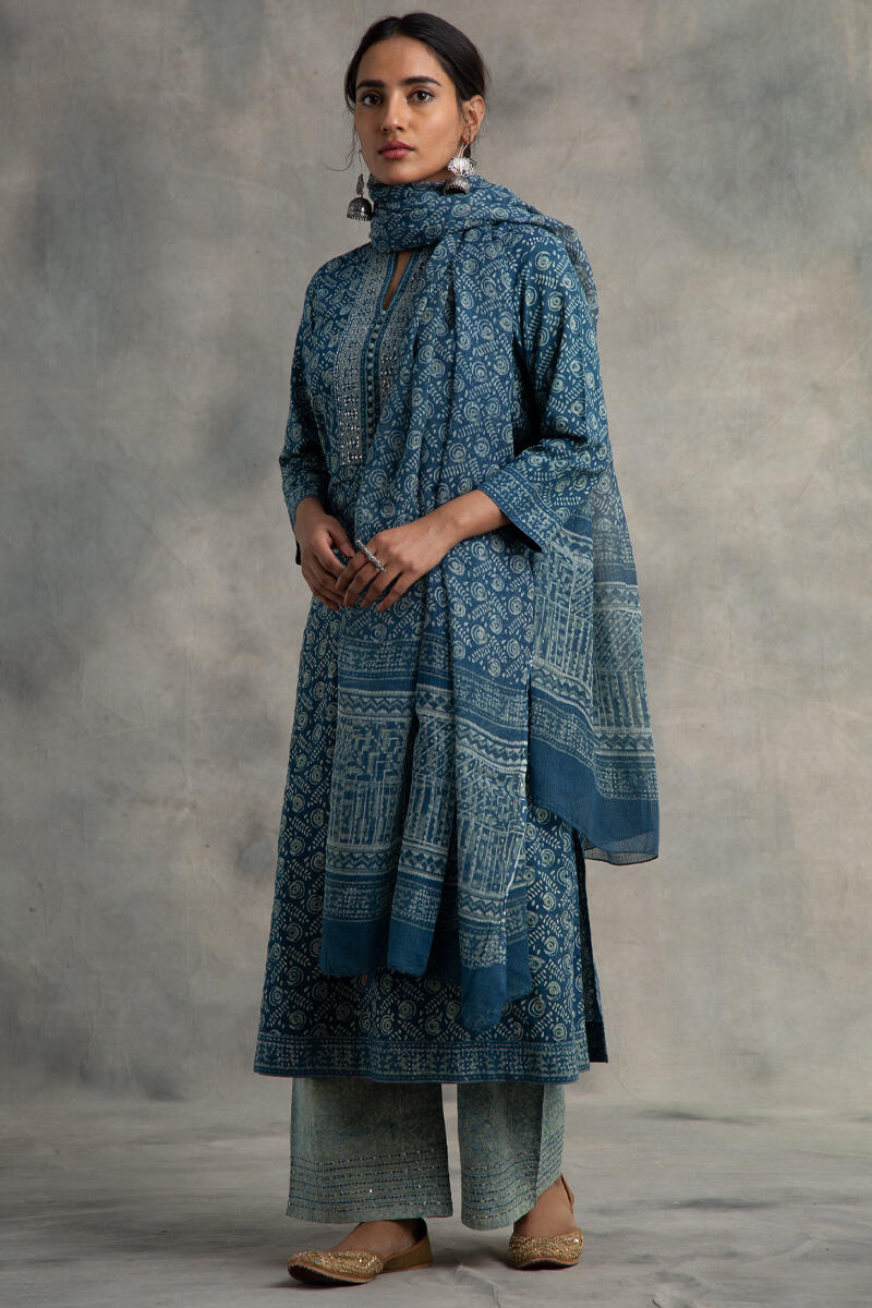 Blue Block Printed Kota Dupatta