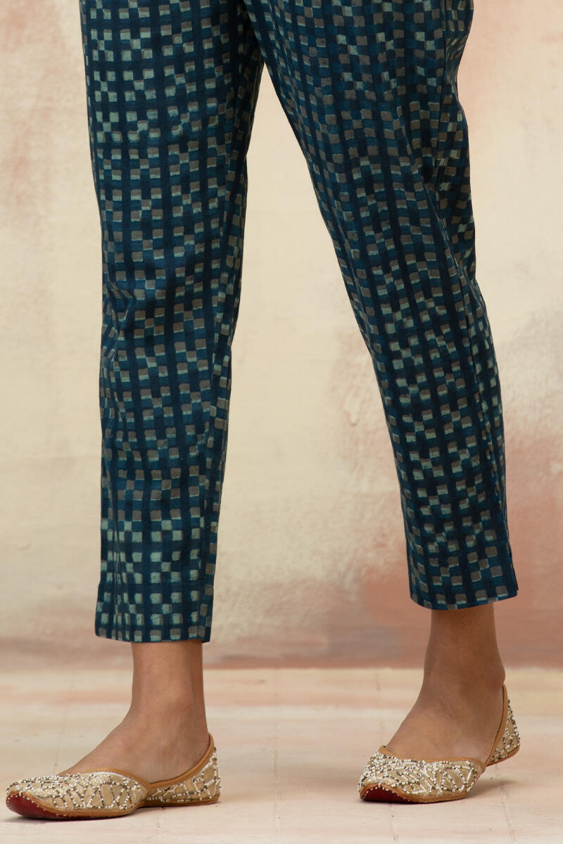 Indigo Block Printed Cotton Narrow Pants