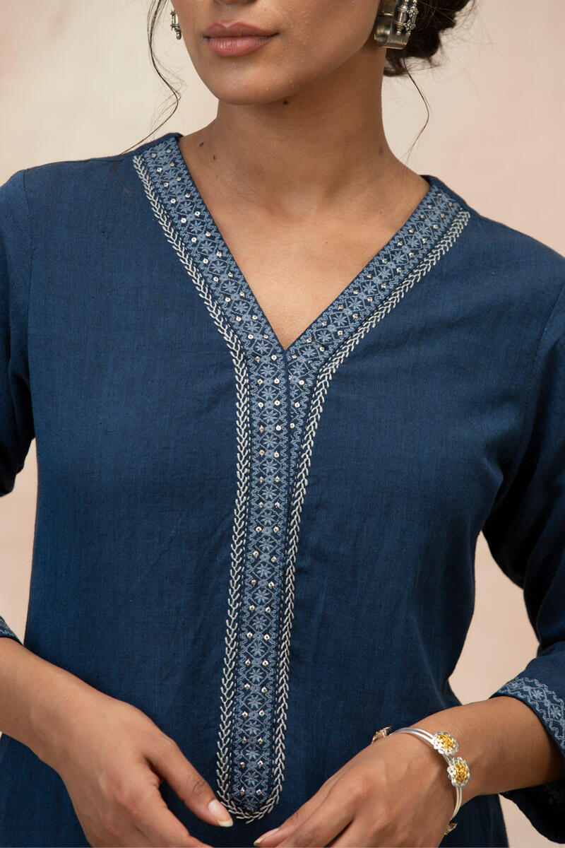 Blue Handcrafted Straight Cotton Kurta