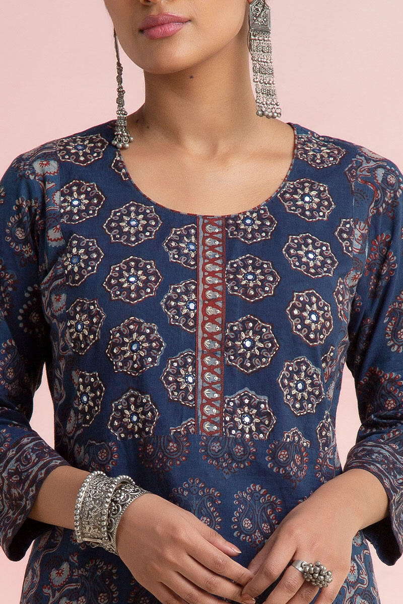 Indigo Block Printed Straight Cotton Kurta