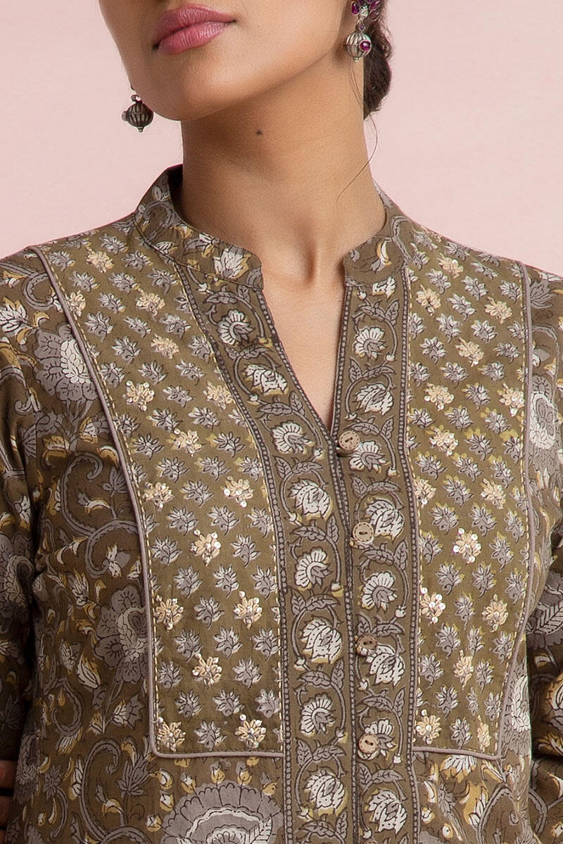 Brown Block Printed Straight Cotton Kurta