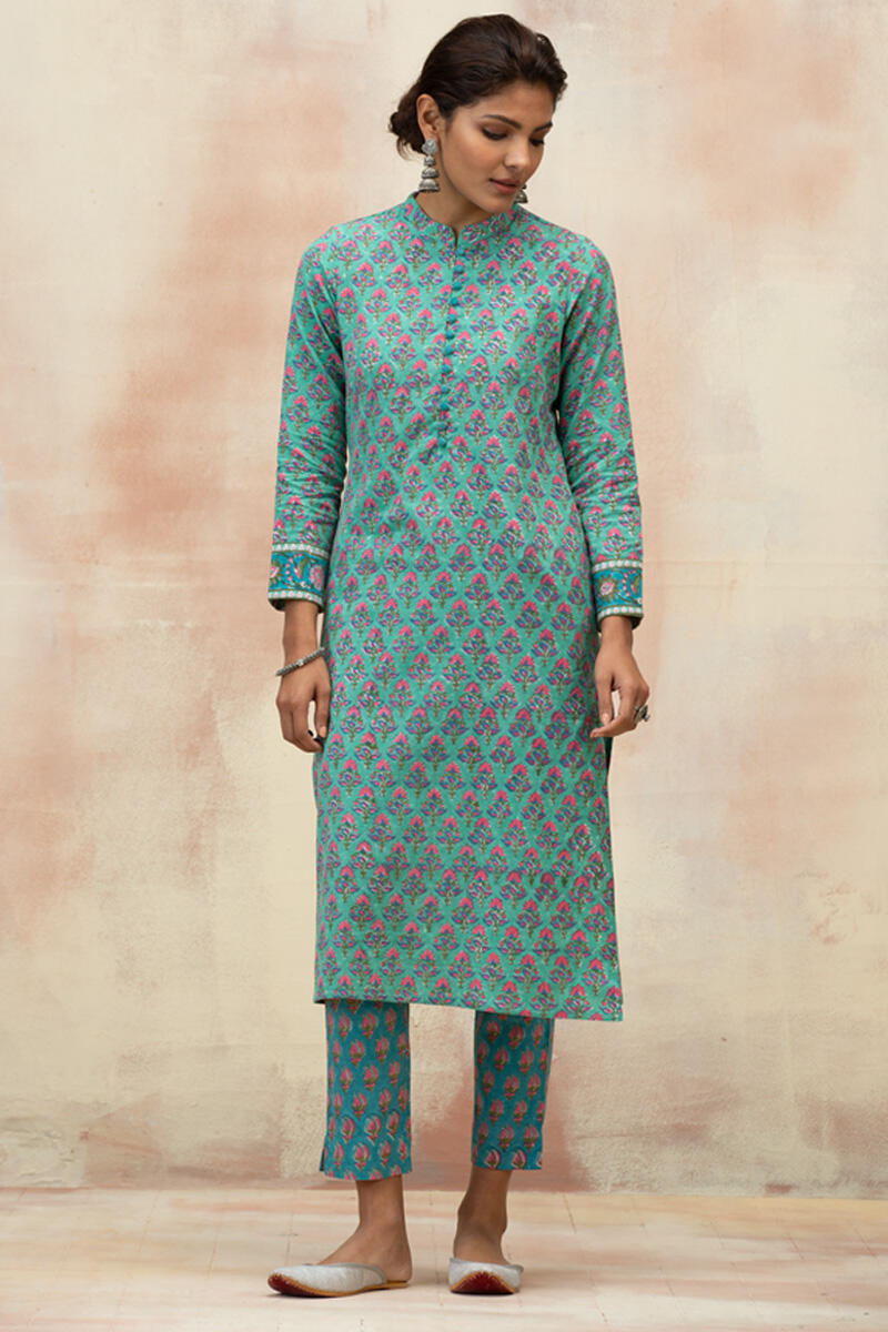 Green Block Printed Straight Cotton Kurta