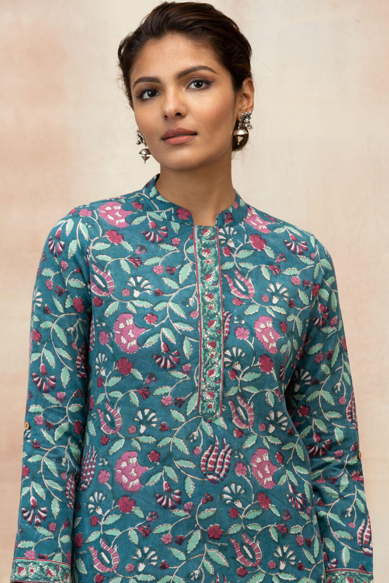 Turquoise Block Printed Straight Cotton Kurta