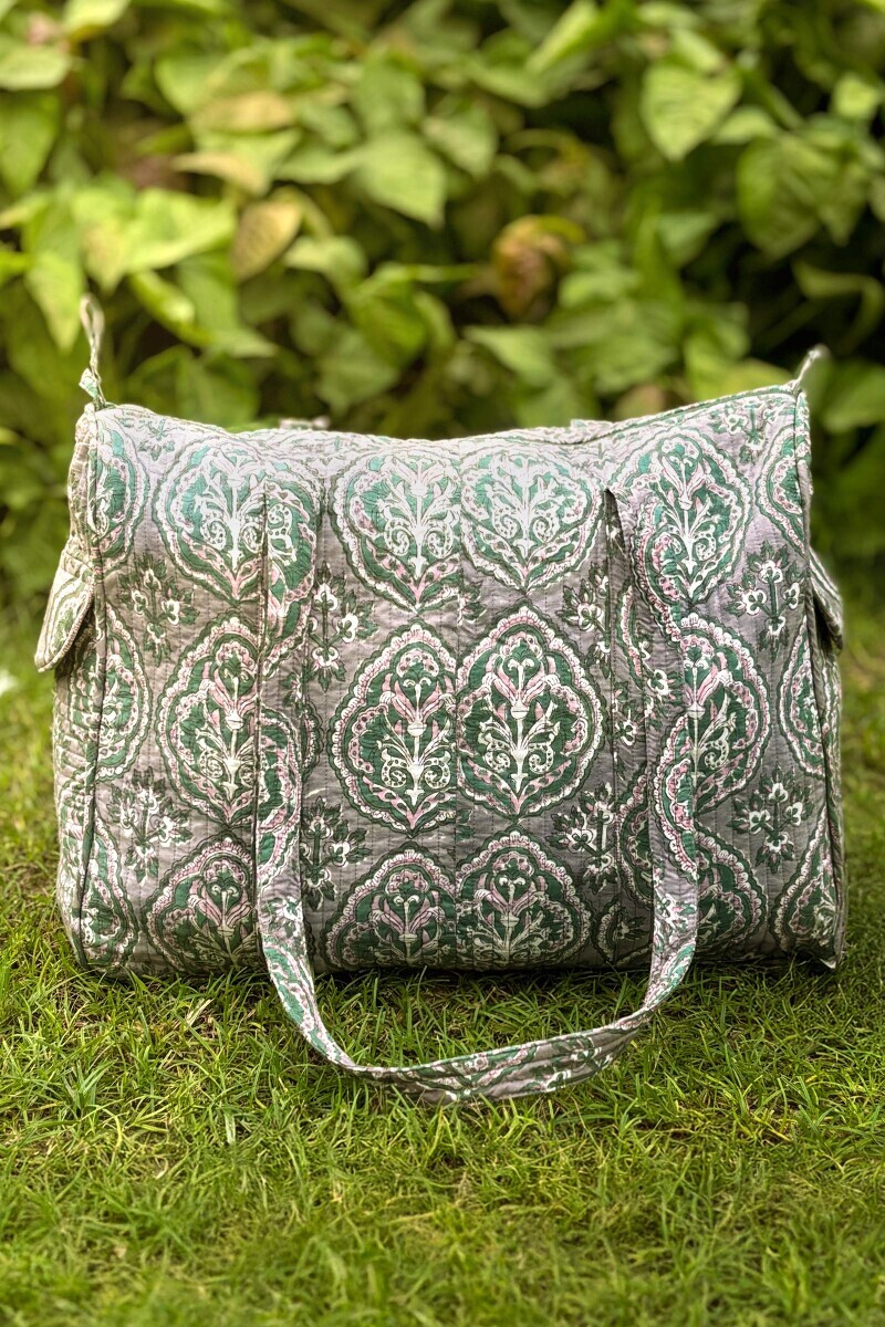 Grey Hand Block-Printed Cotton Duffel Bag