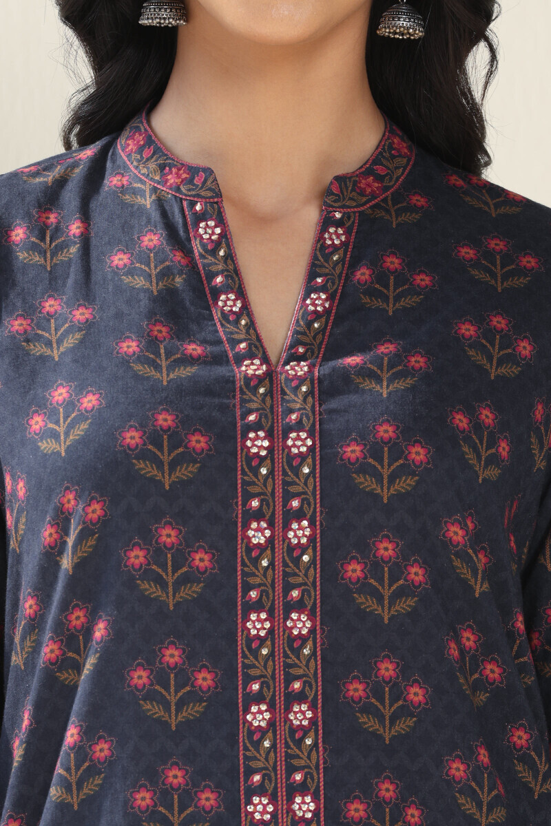 Navy Blue Printed Straight Cotton Kurta