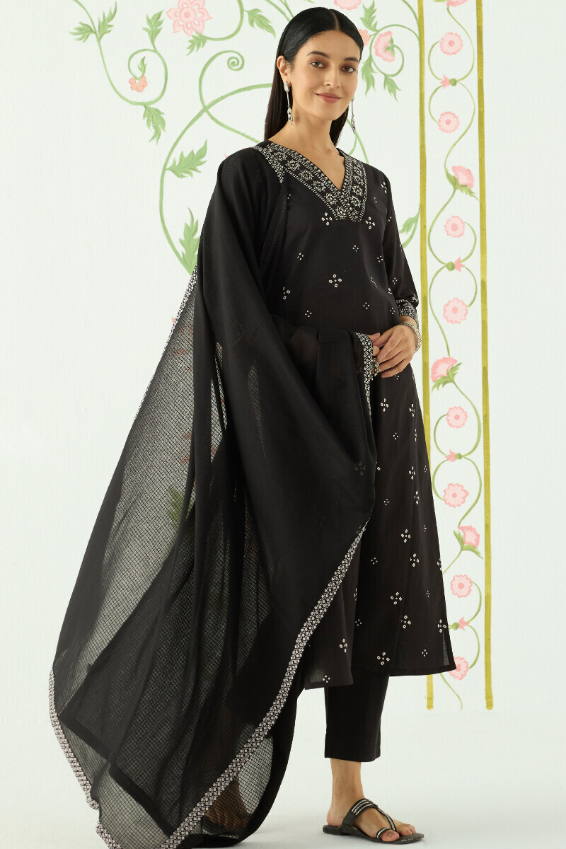 Black Hand Printed Straight Cotton Kurta