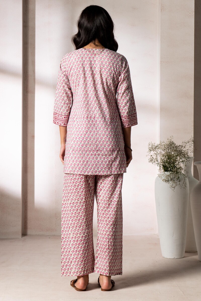 Pink Block Printed Cotton Pyjama Set