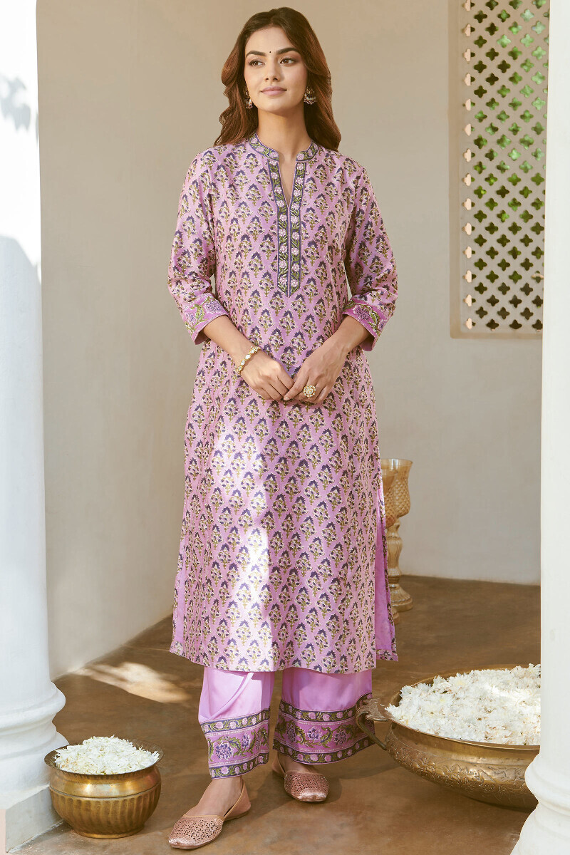 Purple Hand Block-Printed Straight Chanderi Kurta