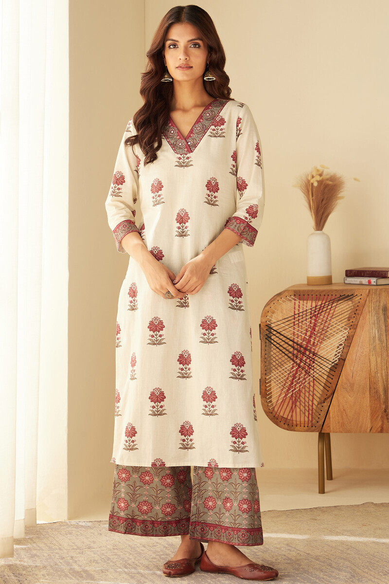 Cream Printed Straight Cotton Kurta