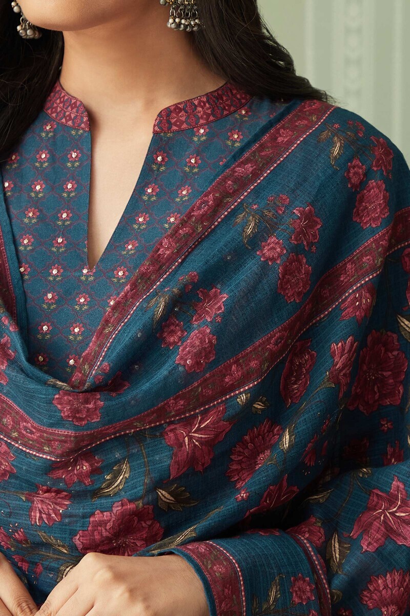 Blue Printed Kota Dupatta