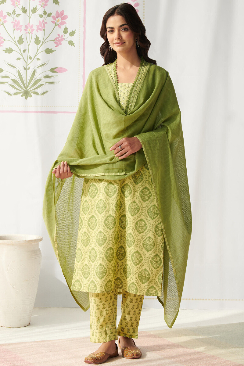 Lime Green Hand Printed Straight Cotton Kurta