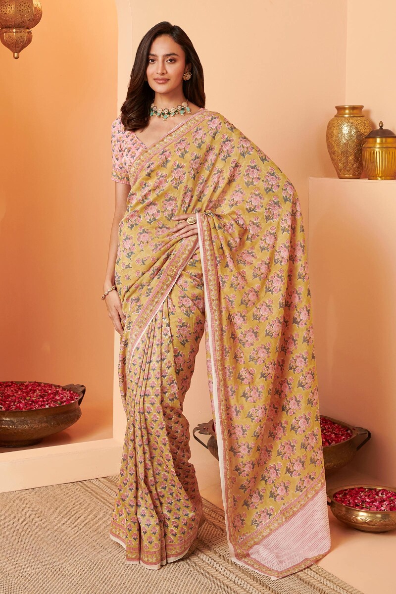 Yellow Hand Block Printed Cotton Silk Saree