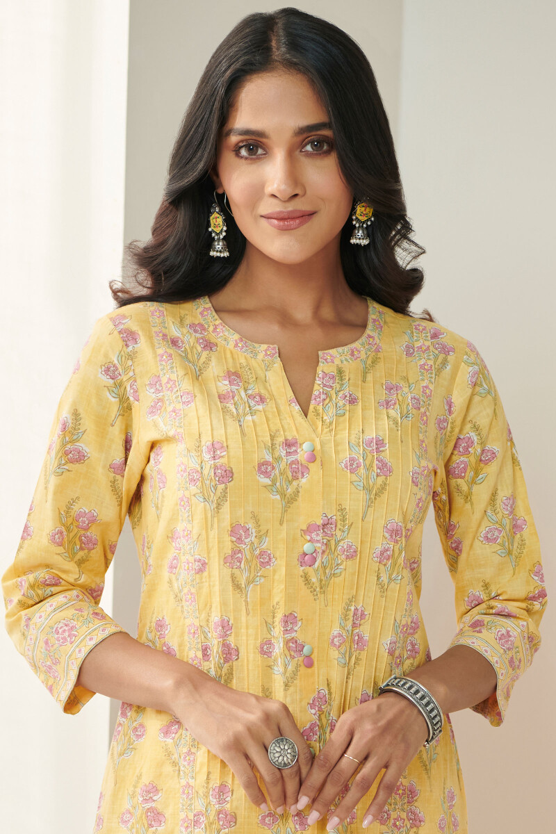 Yellow Hand Block Printed Straight Cotton Slub Kurta