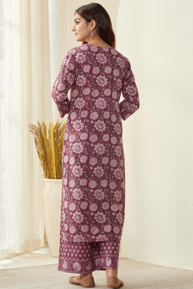 Purple Hand Block-Printed Straight Cotton Kurta