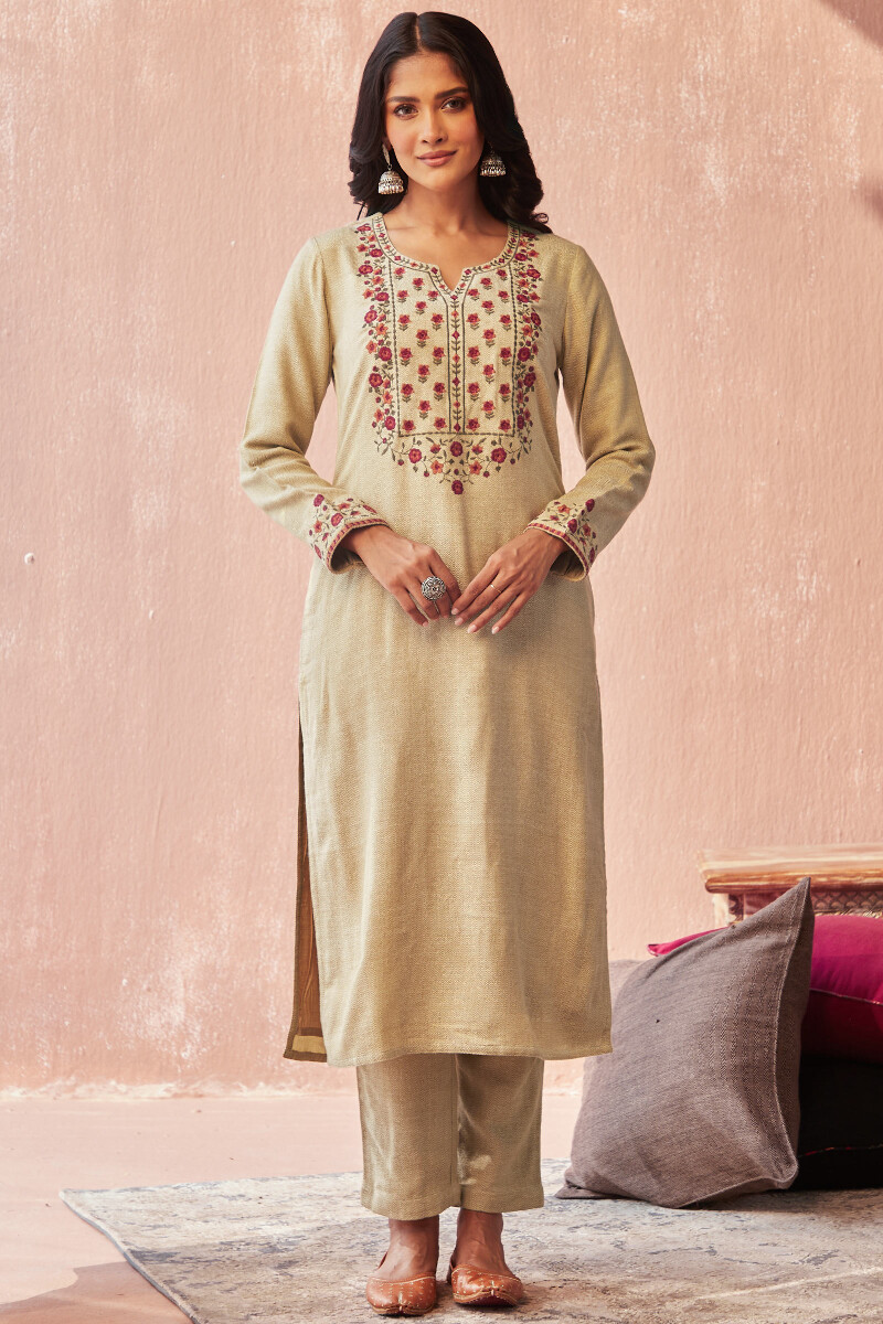 Beige Handcrafted Straight Faux Wool Kurta