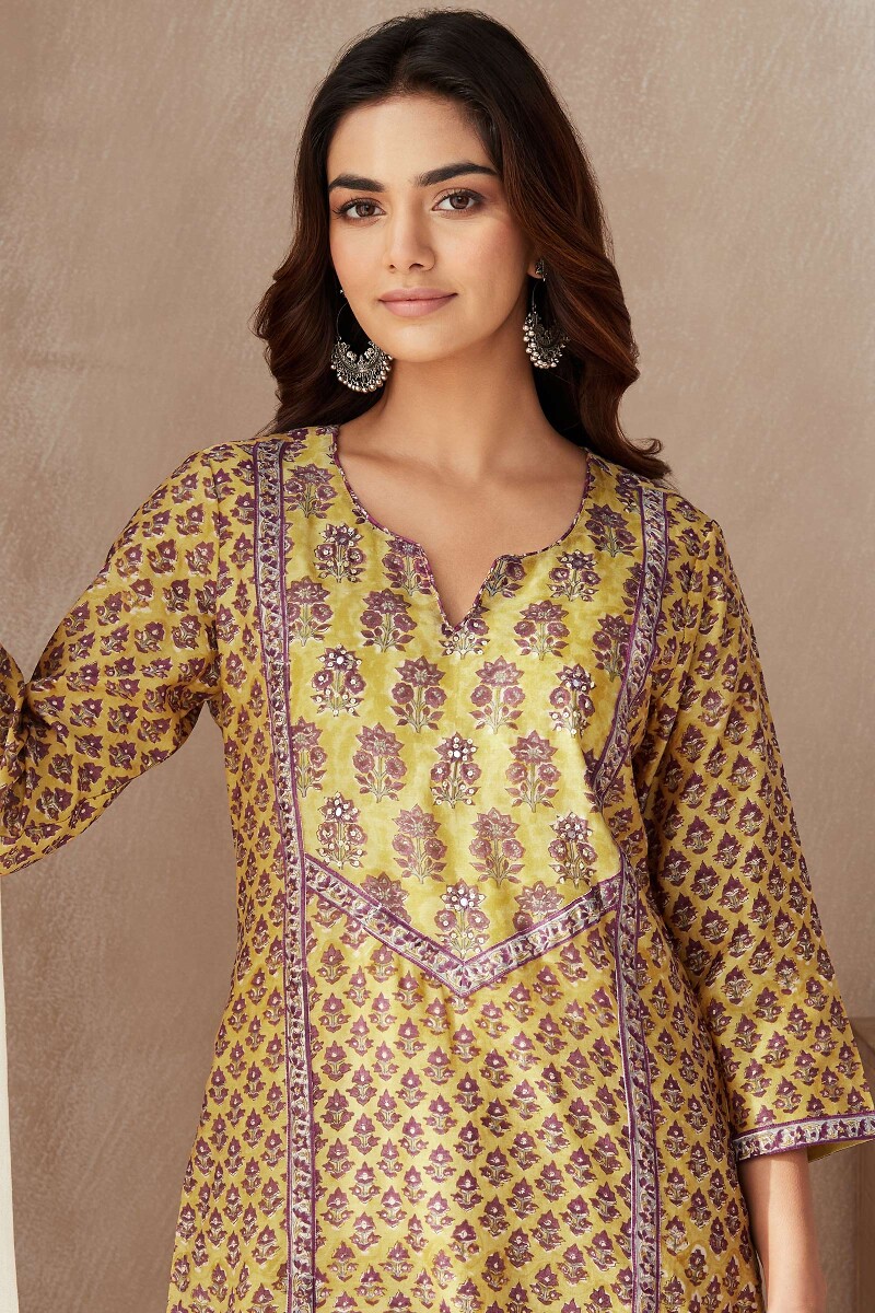 Yellow Hand Block-Printed Straight Chanderi Kurta