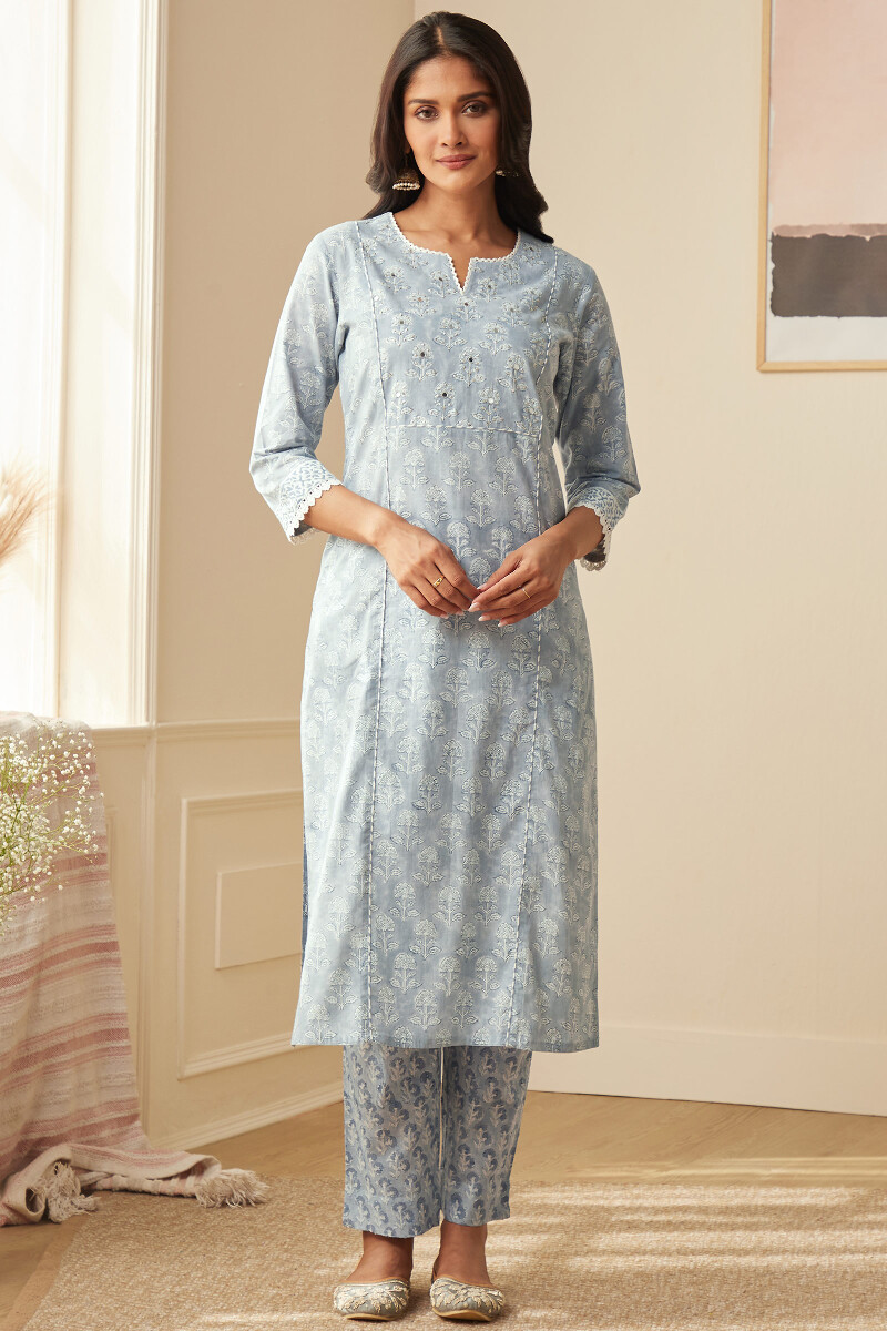 Blue Hand Block-Printed Straight Cotton Kurta