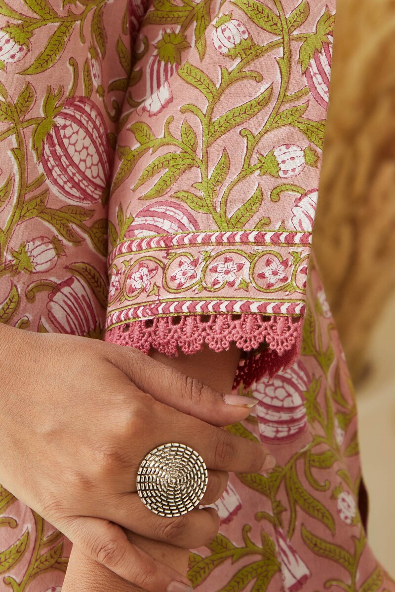 Pink Hand Block-Printed Straight Cotton Kurta