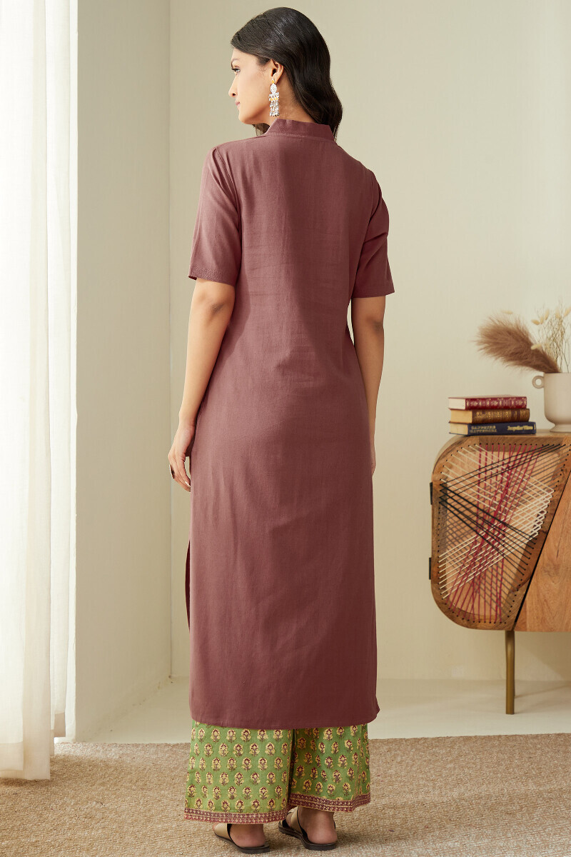 Brick Red Handcrafted Straight Cotton Flax Kurta