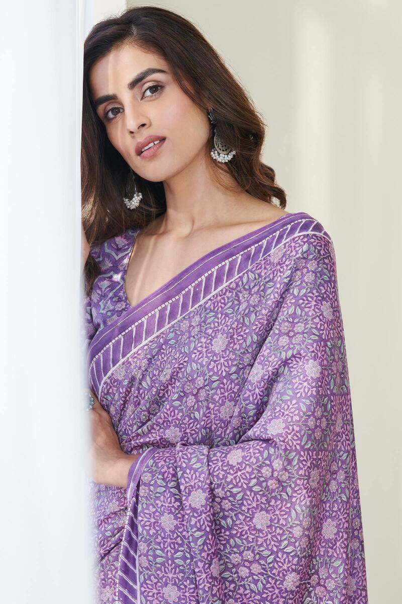 Purple Hand Block Printed Cotton Silk Saree