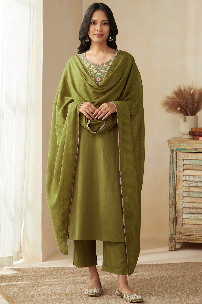 Olive Green Handcrafted Straight Cotton Flax Kurta