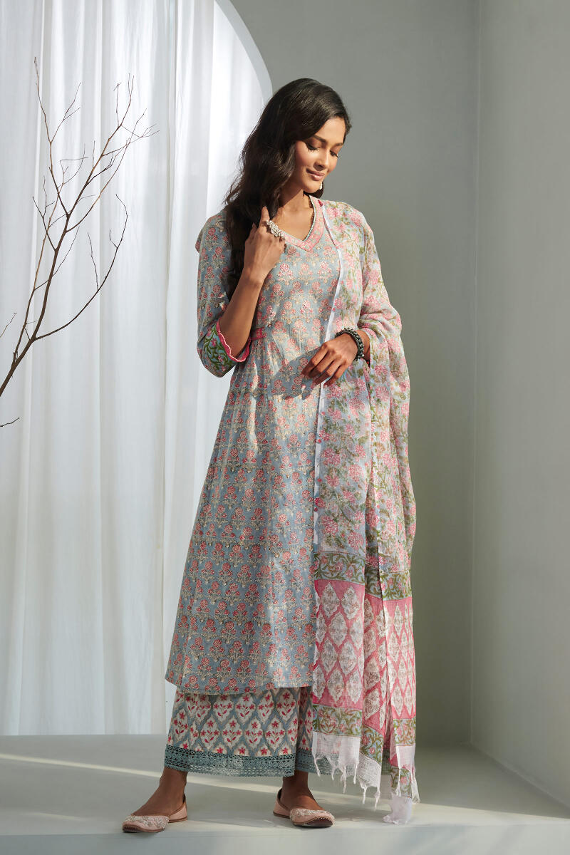 Grey Block Printed A-Line Cotton Kurta