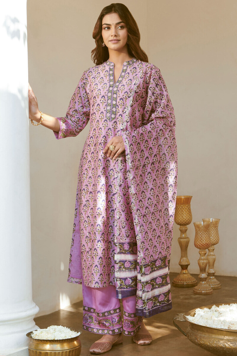 Purple Hand Block-Printed Straight Chanderi Kurta