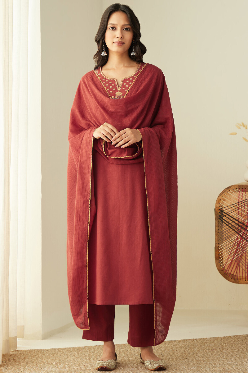 Red Handcrafted Straight Cotton Flax Kurta