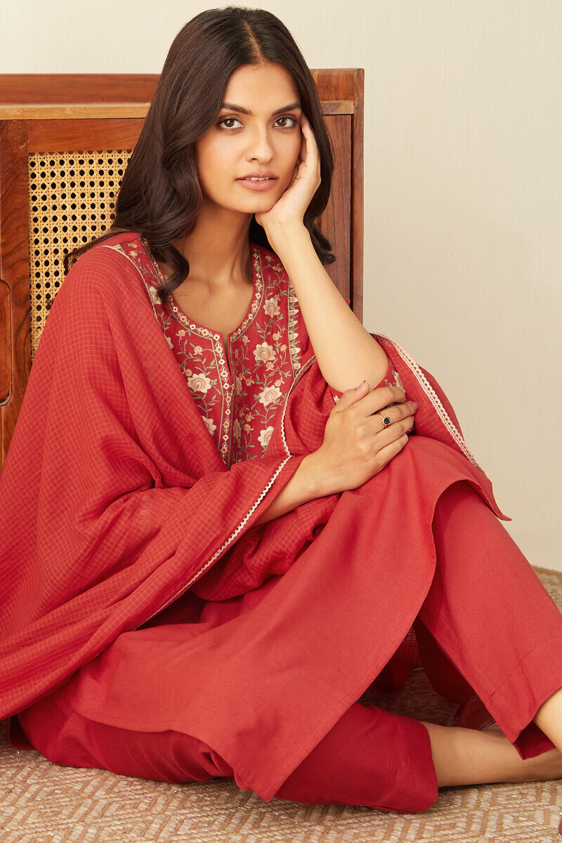 Red Handcrafted Straight Cotton Flax Kurta