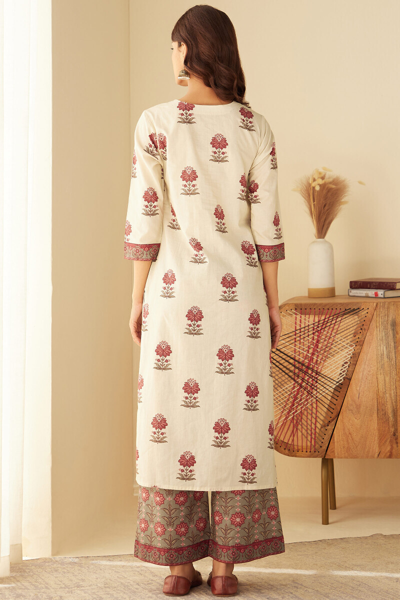 Cream Printed Straight Cotton Kurta