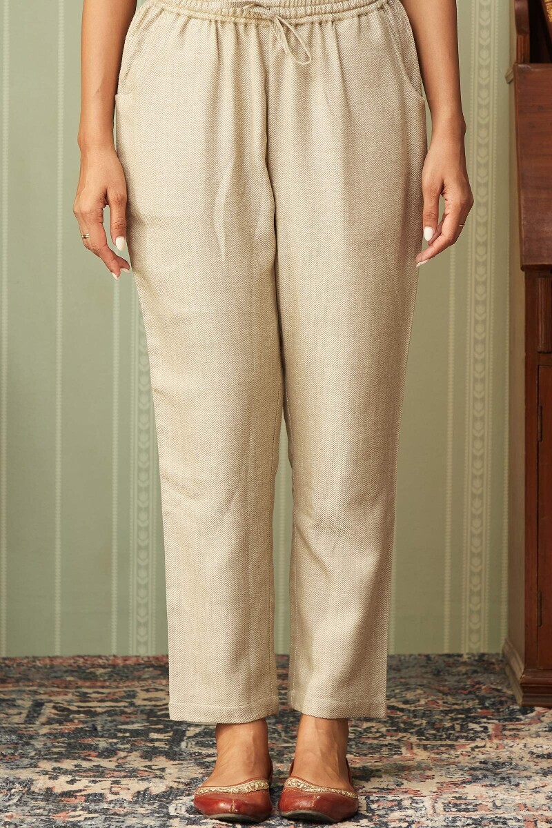 Beige Handcrafted Faux Wool Narrow Pants