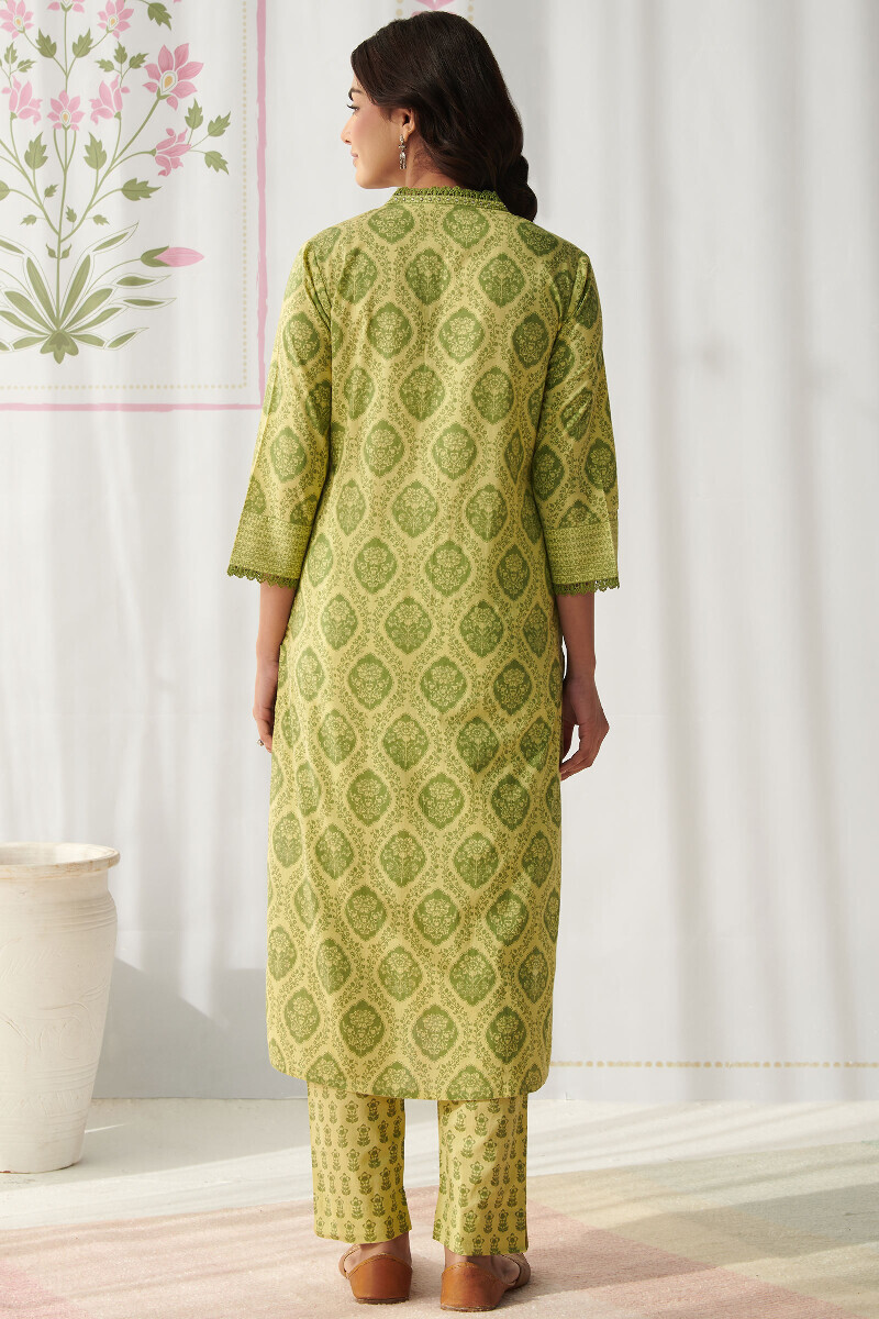 Lime Green Hand Printed Straight Cotton Kurta