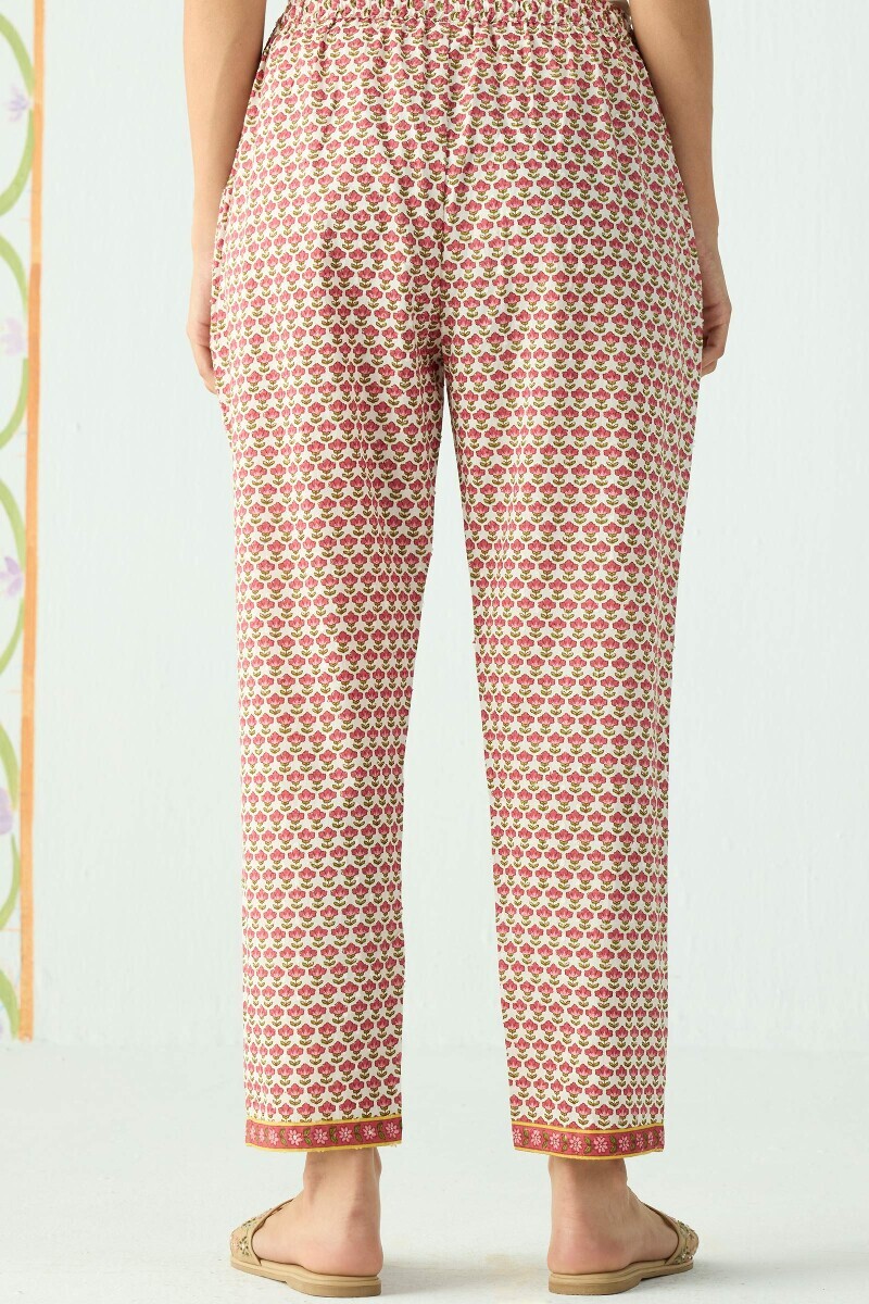 Pink Hand Printed Cotton Dobby Narrow Pants