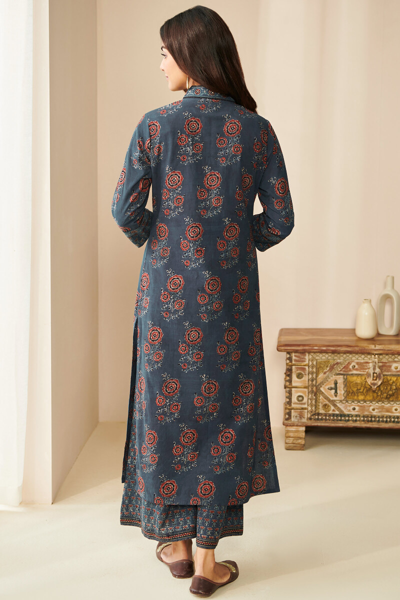 Indigo Hand Block Printed Straight Cotton Kurta