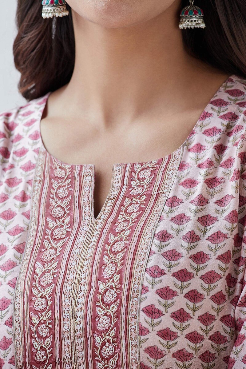 Pink Hand Block Printed Straight Modal Kurta