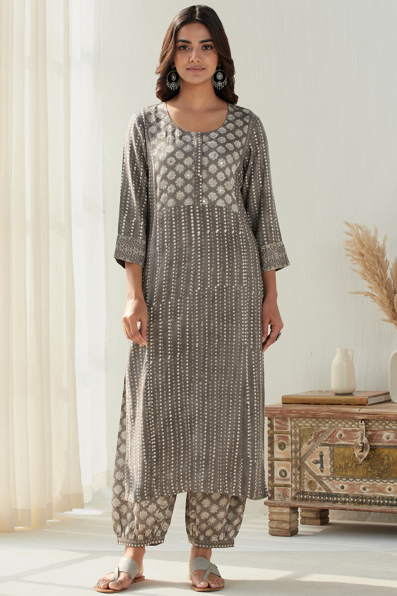 Grey Hand Block Printed Straight Modal Kurta