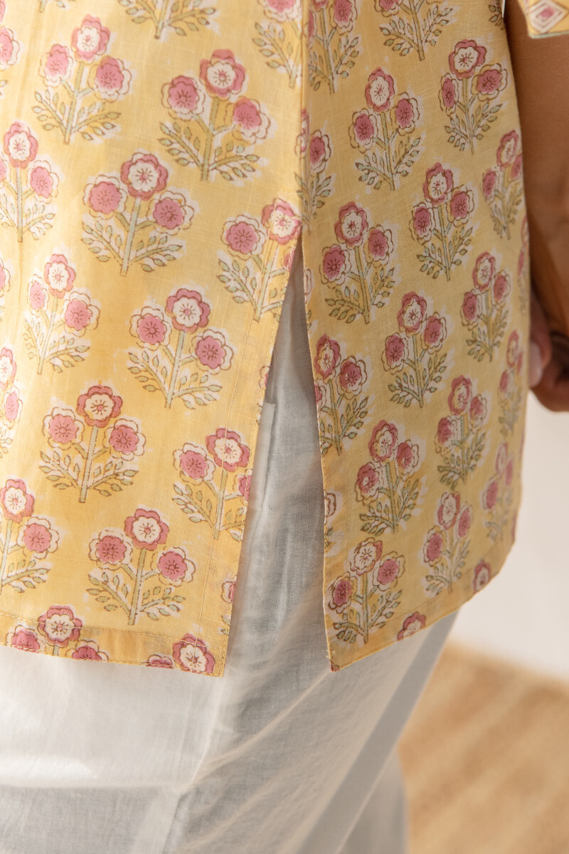 Yellow Hand Block Printed Cotton Slub Top