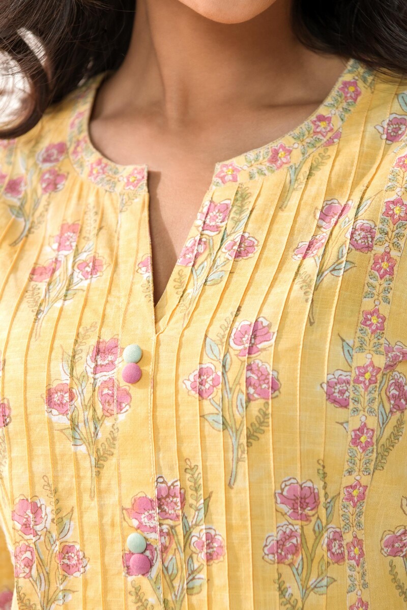 Yellow Hand Block Printed Straight Cotton Slub Kurta