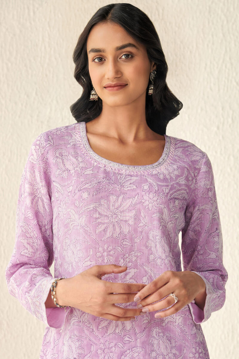 Purple Hand Block Printed Straight Kota Kurta