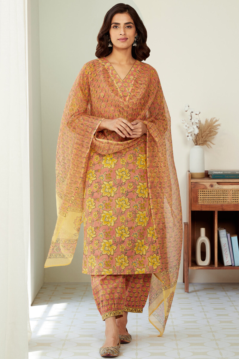 Peach Hand Block-Printed Straight Cotton Kurta