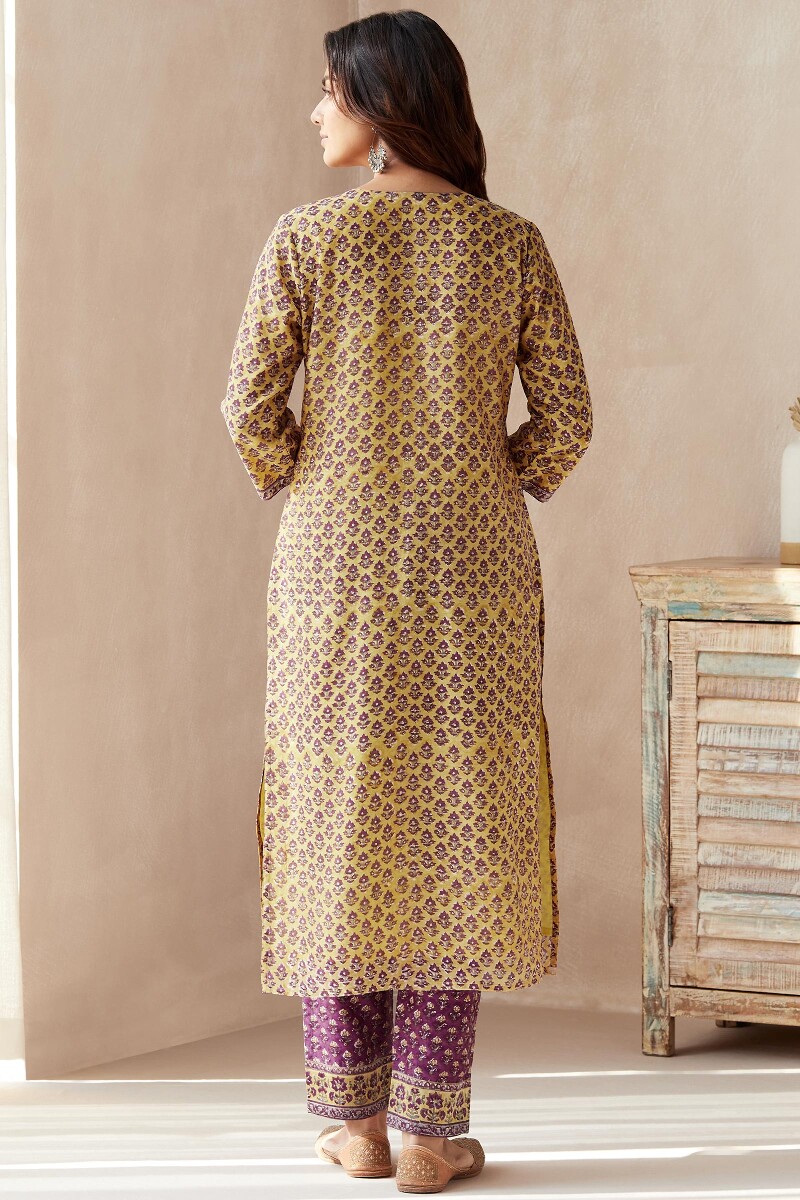 Yellow Hand Block-Printed Straight Chanderi Kurta