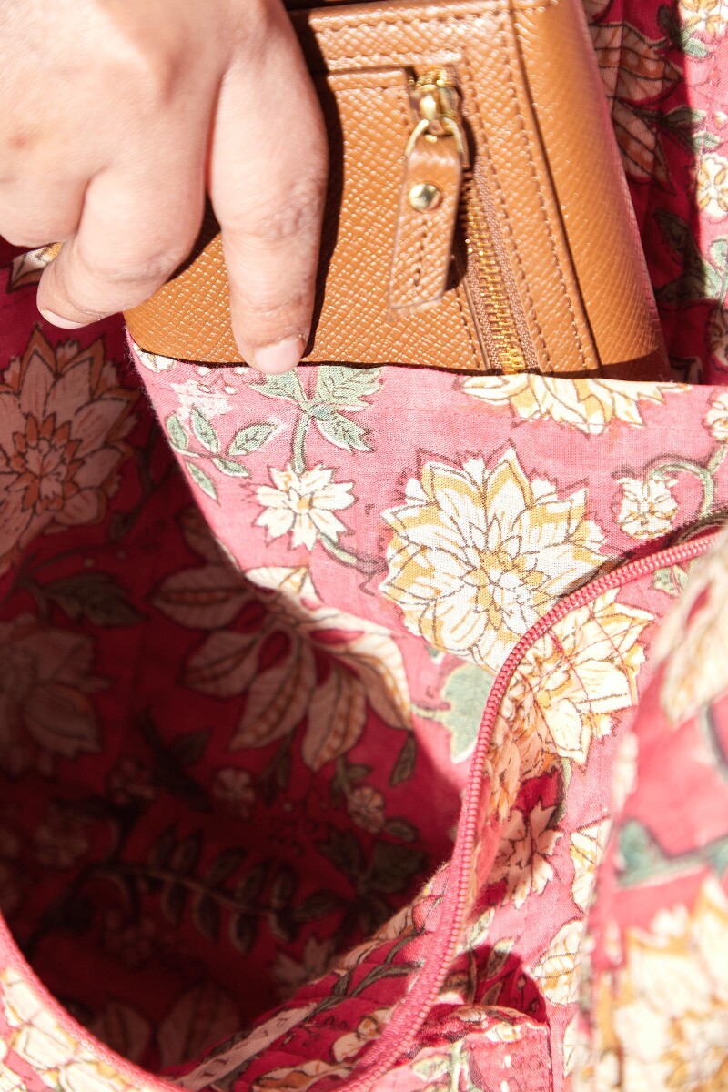 Pink Hand Block-Printed Cotton Duffel Bag