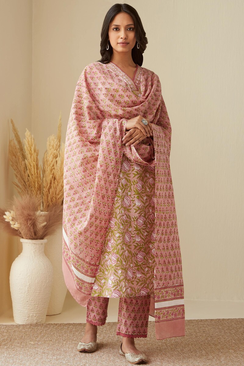 Pink Hand Block-Printed Straight Cotton Kurta