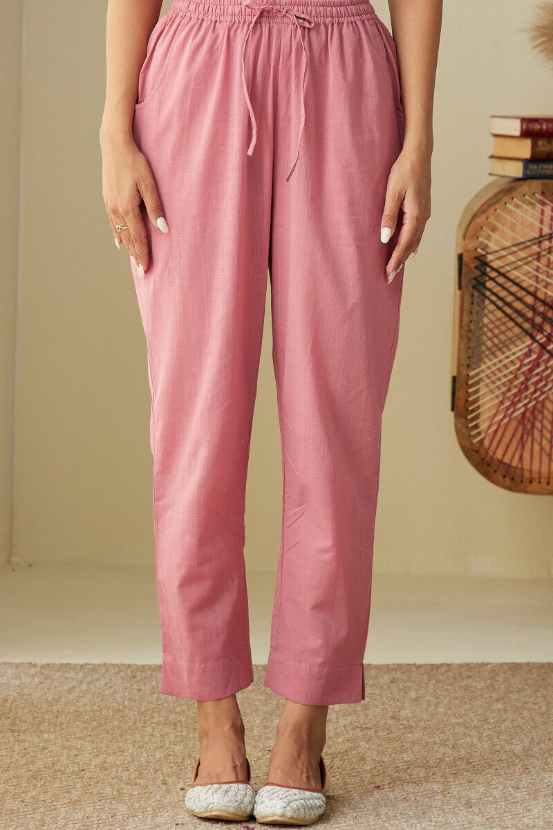 Pink Handcrafted Cotton Slub Narrow Pants