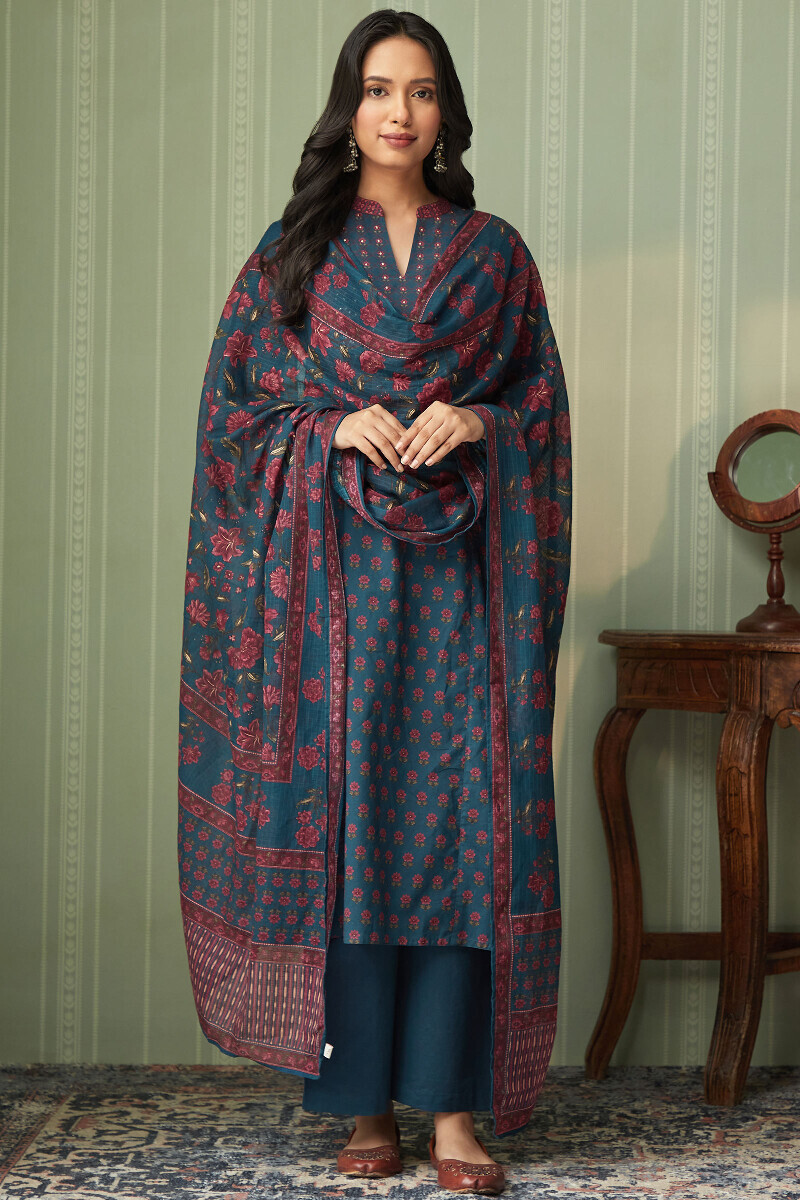 Blue Printed Straight Cotton Kurta