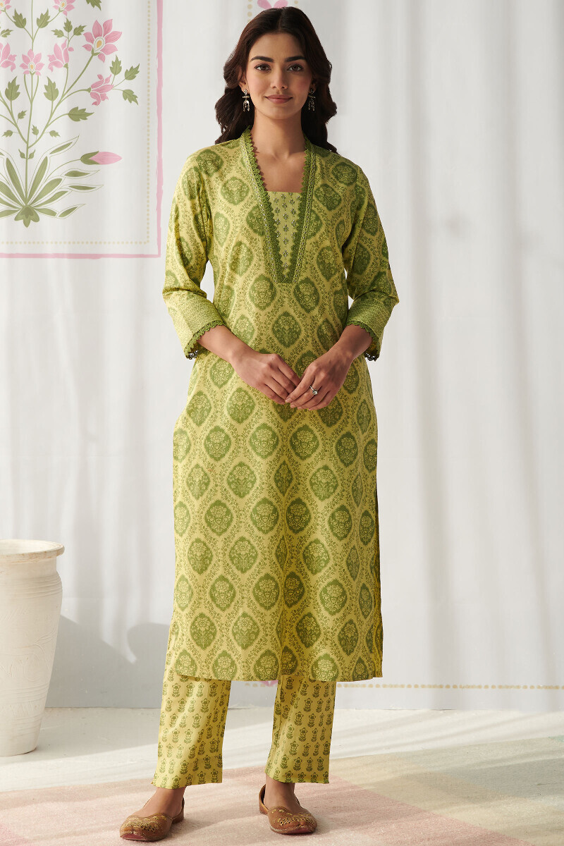 Lime Green Hand Printed Straight Cotton Kurta