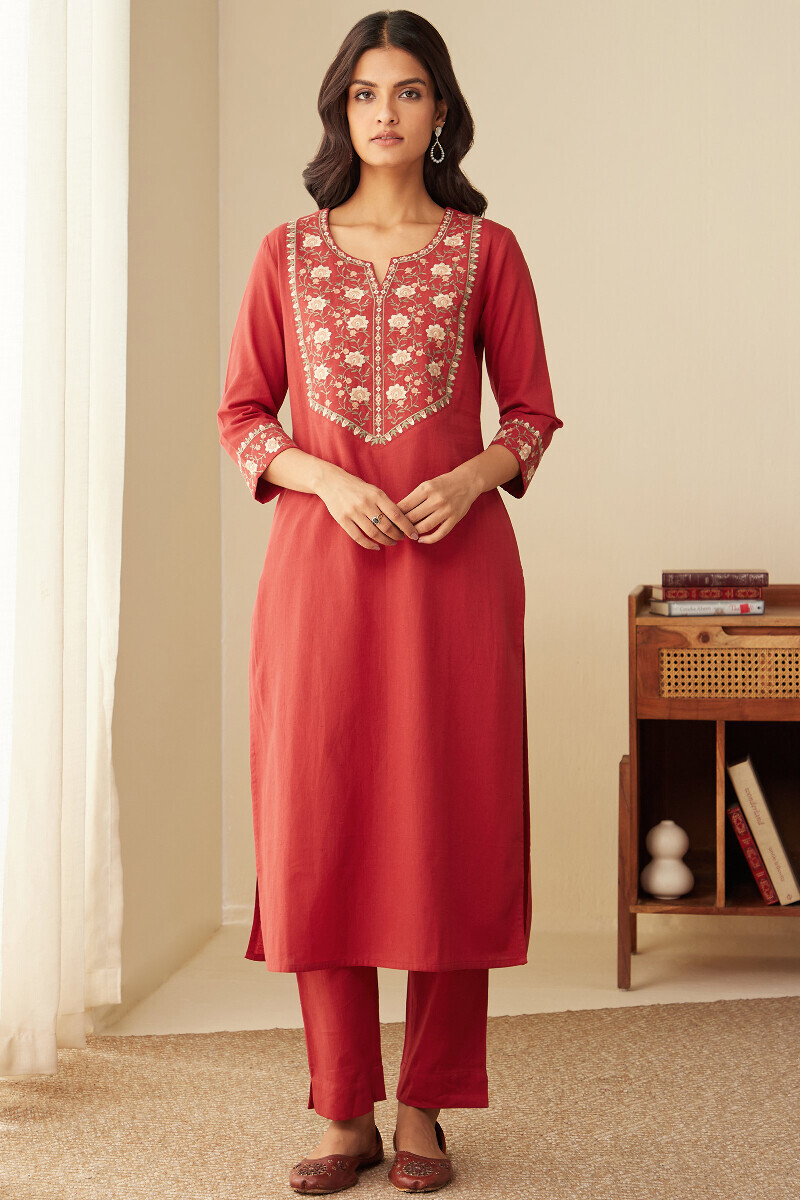 Red Handcrafted Straight Cotton Flax Kurta