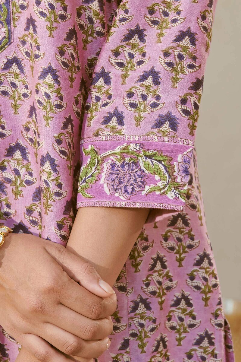 Purple Hand Block-Printed Straight Chanderi Kurta